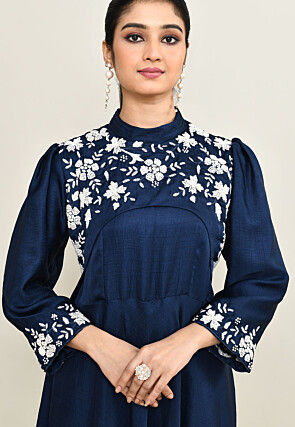 Hand Embroidered Viscose Silk Asymmetric Dress in Navy Blue
