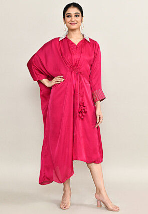 Hand Embroidered Viscose Silk Clinched Waist Dress in Fuchsia