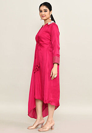 Hand Embroidered Viscose Silk Clinched Waist Dress in Fuchsia