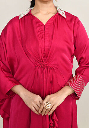 Hand Embroidered Viscose Silk Clinched Waist Dress in Fuchsia