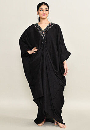 Hand Embroidered Viscose Silk Kaftan Dress in Black
