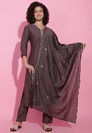 Hand Embroidered Viscose Silk Pakistani Suit in Brown