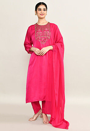 Hand Embroidered Viscose Silk Pakistani Suit in Fuchsia