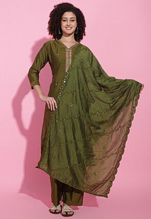 Hand Embroidered Viscose Silk Pakistani Suit in Olive Green