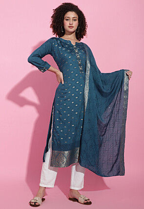 Hand Embroidered Viscose Silk Pakistani Suit in Teal Blue