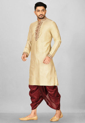 Hand Emroidered Cotton Silk Dhoti Kurta in Beige