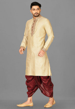 Hand Emroidered Cotton Silk Dhoti Kurta in Beige