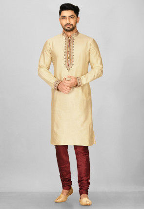 Hand Emroidered Cotton Silk Kurta in Beige