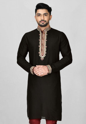 Hand Emroidered Cotton Silk Kurta in Black