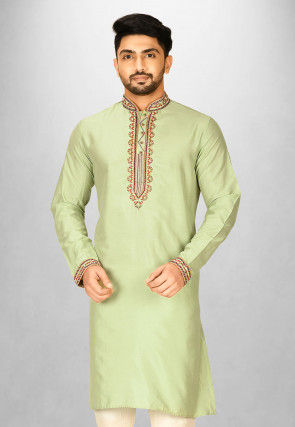 Hand Emroidered Cotton Silk Kurta in Dusty Green