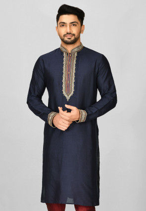 Hand Emroidered Cotton Silk Kurta in Navy Blue