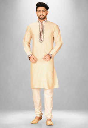 Hand Emroidered Cotton Silk Kurta Set in Light Beige