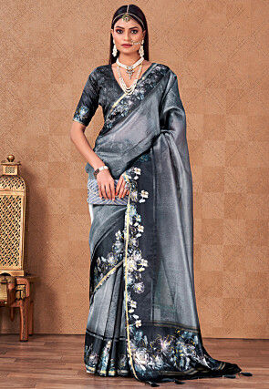 Hand Painted Art Silk Saree in Grey