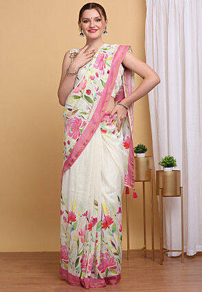Hand Painted Chanderi Cotton Saree in Off White