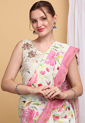 Hand Painted Chanderi Cotton Saree in Off White
