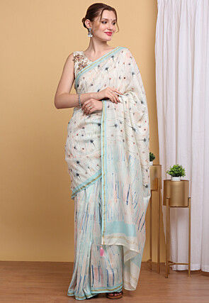 Hand Painted Chanderi Cotton Saree in Off White