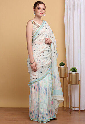 Hand Painted Chanderi Cotton Saree in Off White