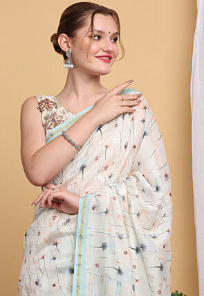 Hand Painted Chanderi Cotton Saree in Off White