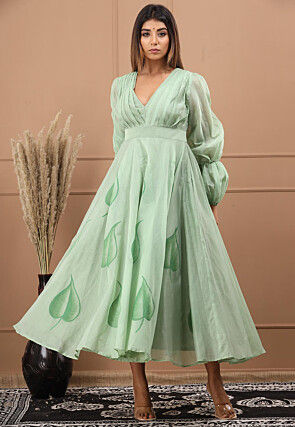 Hand Painted Chanderi Silk Gown in Pastel Green