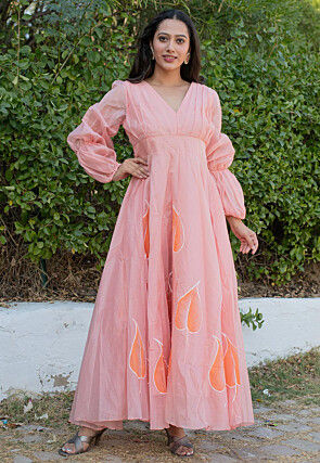 Hand Painted Chanderi Silk Gown in Peach