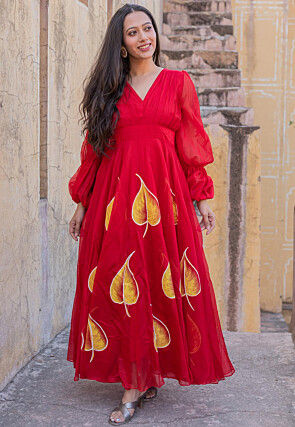 Hand Painted Chanderi Silk Gown in Red