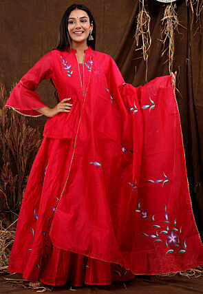 Hand Painted Chanderi Silk Lehenga in Fuchsia