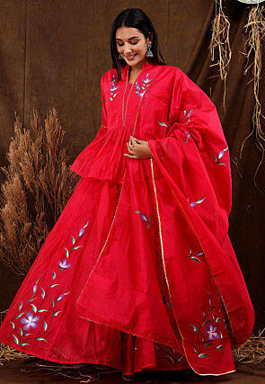 Hand Painted Chanderi Silk Lehenga in Fuchsia