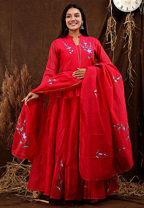 Hand Painted Chanderi Silk Lehenga in Fuchsia