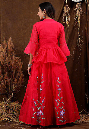 Hand Painted Chanderi Silk Lehenga in Fuchsia