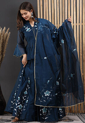 Hand Painted Chanderi Silk Lehenga in Navy Blue