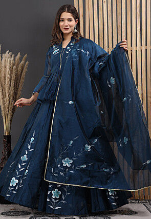 Hand Painted Chanderi Silk Lehenga in Navy Blue
