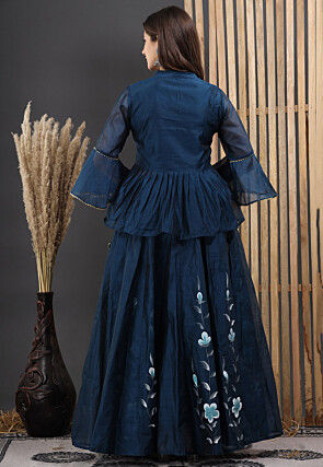 Hand Painted Chanderi Silk Lehenga in Navy Blue