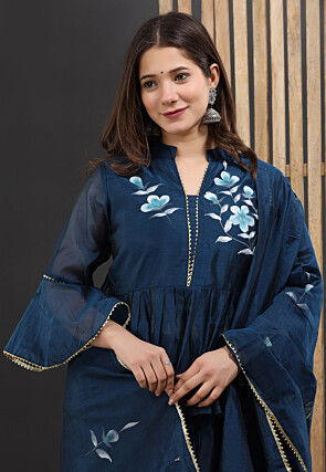 Hand Painted Chanderi Silk Lehenga in Navy Blue