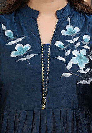 Hand Painted Chanderi Silk Lehenga in Navy Blue