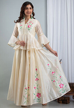 Hand Painted Chanderi Silk Lehenga in Off White