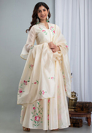 Hand Painted Chanderi Silk Lehenga in Off White