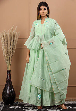 Hand Painted Chanderi Silk Lehenga in Pastel Green
