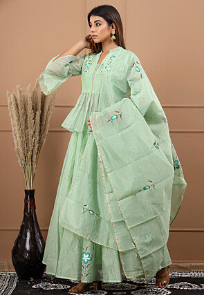 Hand Painted Chanderi Silk Lehenga in Pastel Green