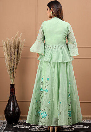 Hand Painted Chanderi Silk Lehenga in Pastel Green