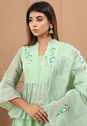 Hand Painted Chanderi Silk Lehenga in Pastel Green