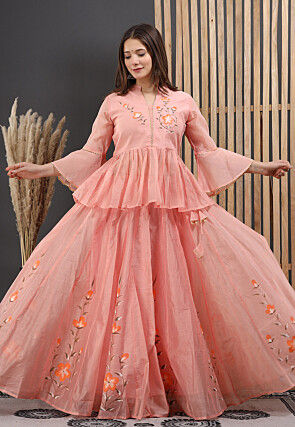 Hand Painted Chanderi Silk Lehenga in Peach