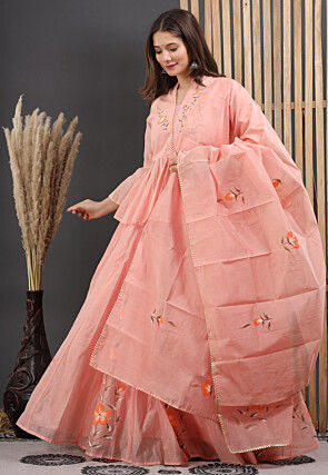Hand Painted Chanderi Silk Lehenga in Peach