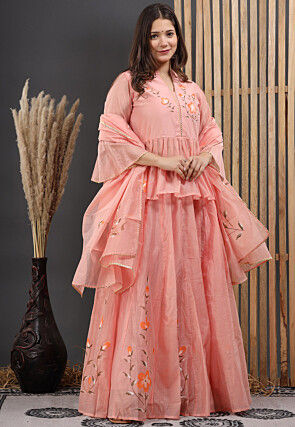 Hand Painted Chanderi Silk Lehenga in Peach