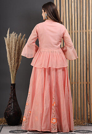 Hand Painted Chanderi Silk Lehenga in Peach