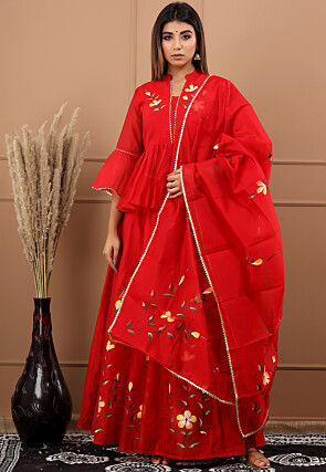 Hand Painted Chanderi Silk Lehenga in Red