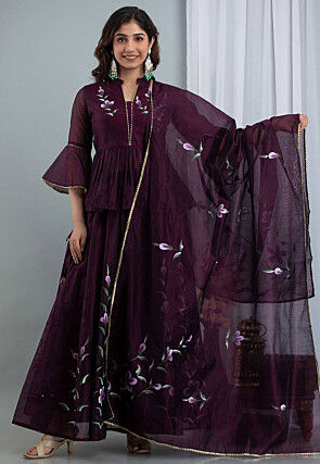 Hand Painted Chanderi Silk Lehenga in Wine