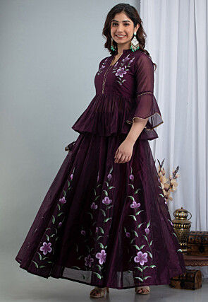 Hand Painted Chanderi Silk Lehenga in Wine