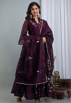 Hand Painted Chanderi Silk Lehenga in Wine