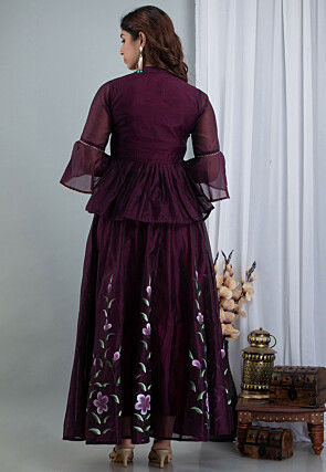 Hand Painted Chanderi Silk Lehenga in Wine