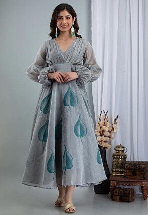 Hand Painted Chanderi Silk Maxi Dress in Grey
